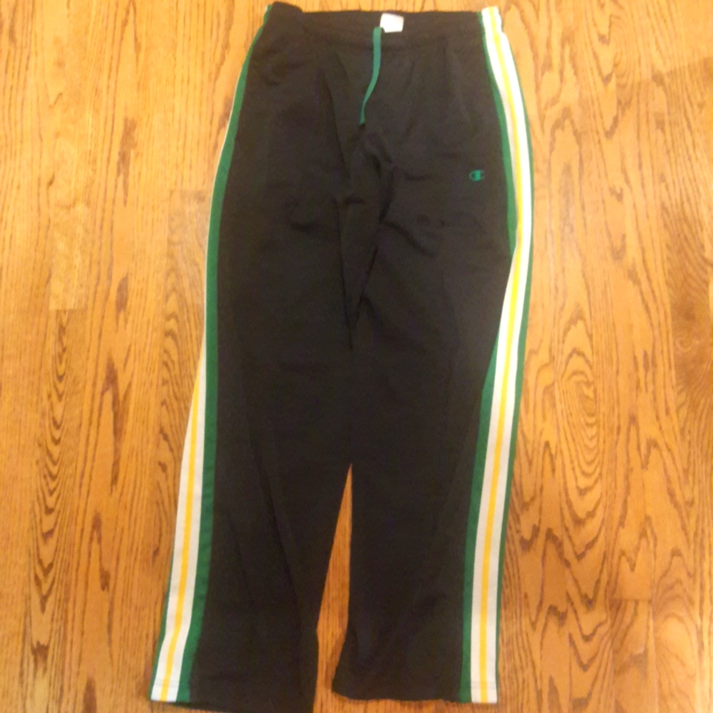 CHAMPION men's size Medium jogging pants black w/ green, white & yellow side tri